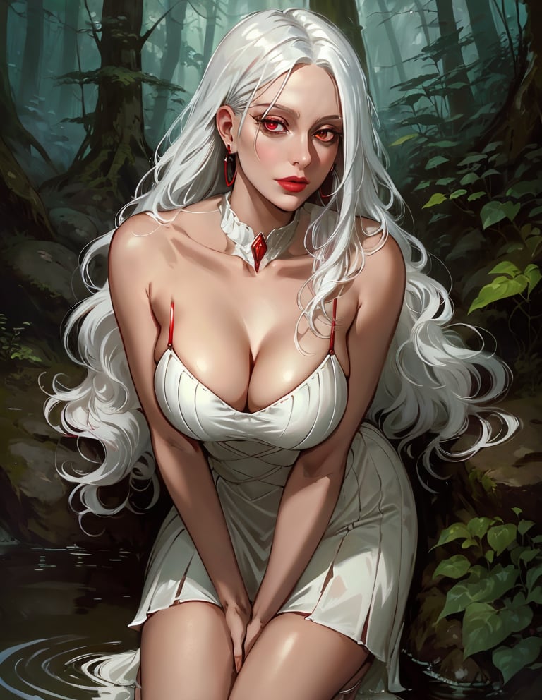 1girl, Gal, Tall, Narrow Hips, Round Face, White Hair, red Eyes, [[Curved Nose]], Thin Lips, Round Chin, Shoulder-Length Hair, Wavy Layered Bob, firm breasts, Drop earrings, gloss matte lipstick, Balancing on hands and knees with spine parallel to the ground, Babbling brook in a forest, detailed pupils, high quality, absurdres, very long white hair