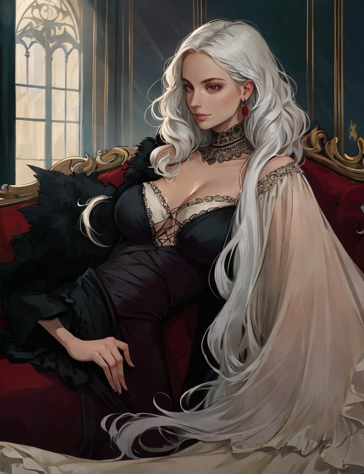 1girl, Gal, Tall, Narrow Hips, Round Face, Long straight White Hair, red Eyes, [[Curved Nose]], Thin Lips, Round Chin, Shoulder-Length Hair, Curly Hair, Wavy Layered Bob, firm breasts, Drop earrings, ballroom, detailed pupils, high quality, elegant female vampire countess attending ball at grand imperial castle,absurdres, laying on couch, bangs, detailed face