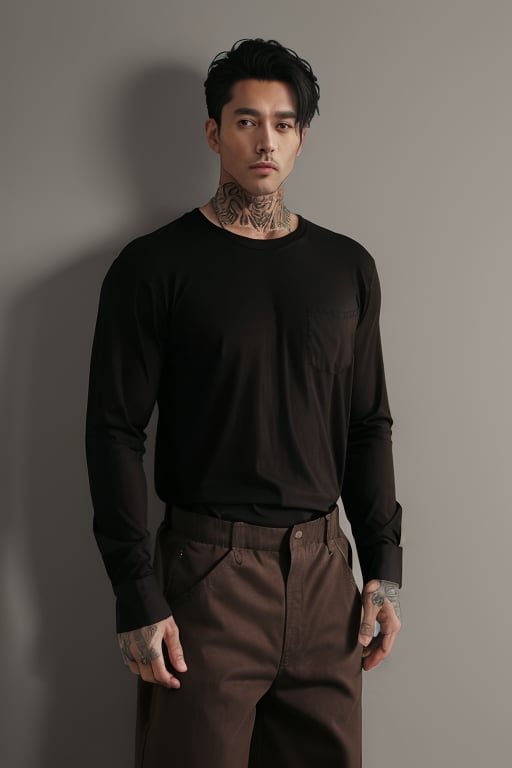 (((male))), black boots, ((simple black shirt)), arm mafia tattoos, ((brown tan baggy pants)), cowboy shot, simple background, long sleeve shirt, ((loose shirt)), big shirt covering pants, 