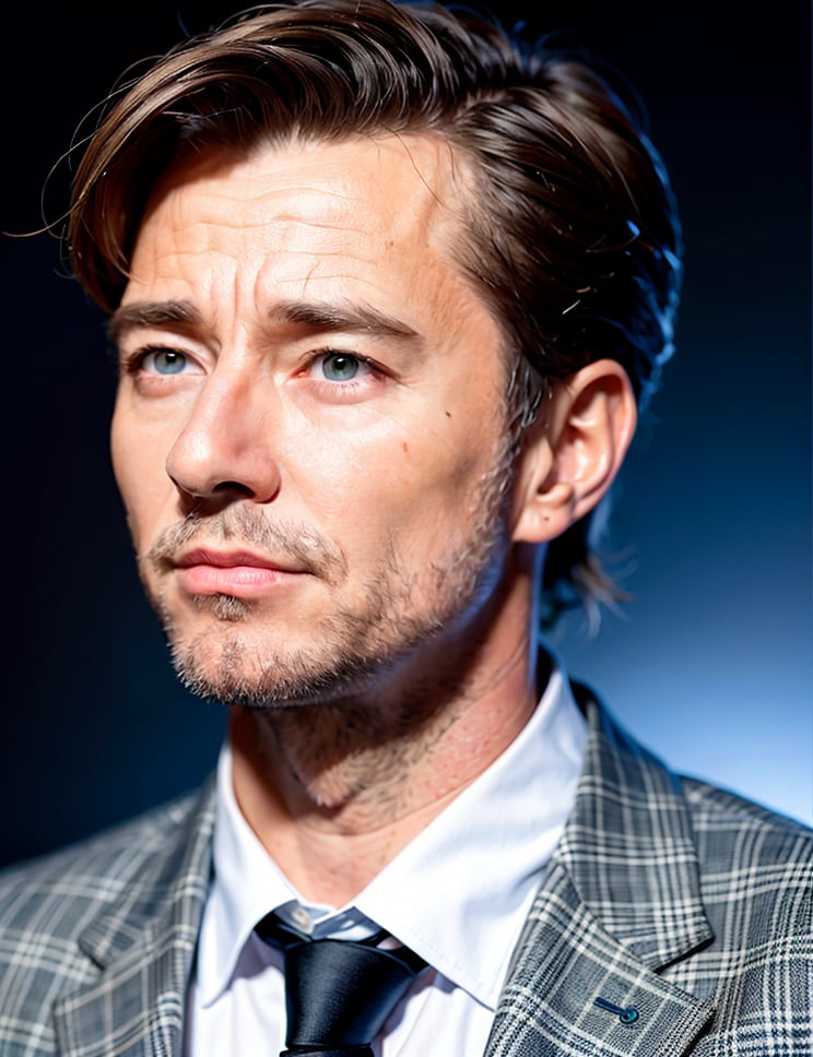 top quality, ultra high resolution, (realistic:1.4), (Image):1.1), [[a bit aged Andrew Garfield]], suit, black necktie, a bit aged guy, ((some black and grey hair in the tamples)), 50 years, wrinkles, ((very strong jawline)), some age spots, ((blue eyes)), disdain face, covered by some darkness, night background, red magic circles in background, beard, hugh jackmaN beard