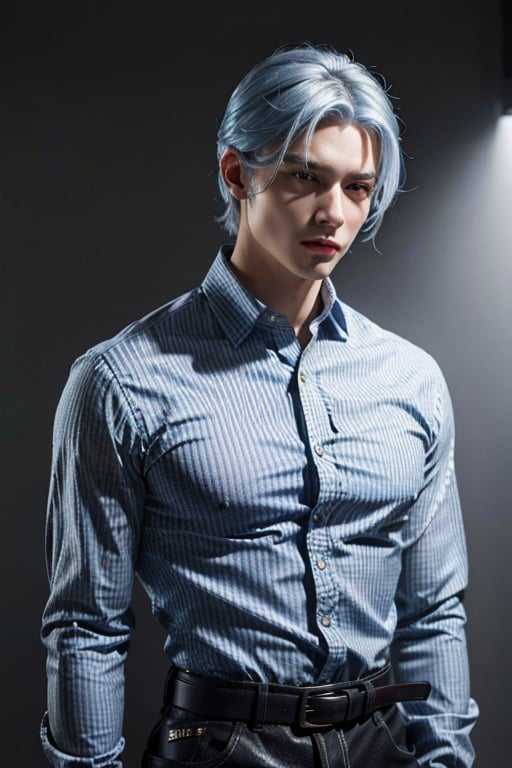 Best quality, masterpiece, ultra high res, (photorealistic:1.4), light frown, serious, upper body, blue hair meshes, harness, belt, tactical clothes, 1boy, (((male))), night, white hair meshes, vertical_stripes, dress_shirt, vertical-striped_shirt, collared_shirt, long sleeves