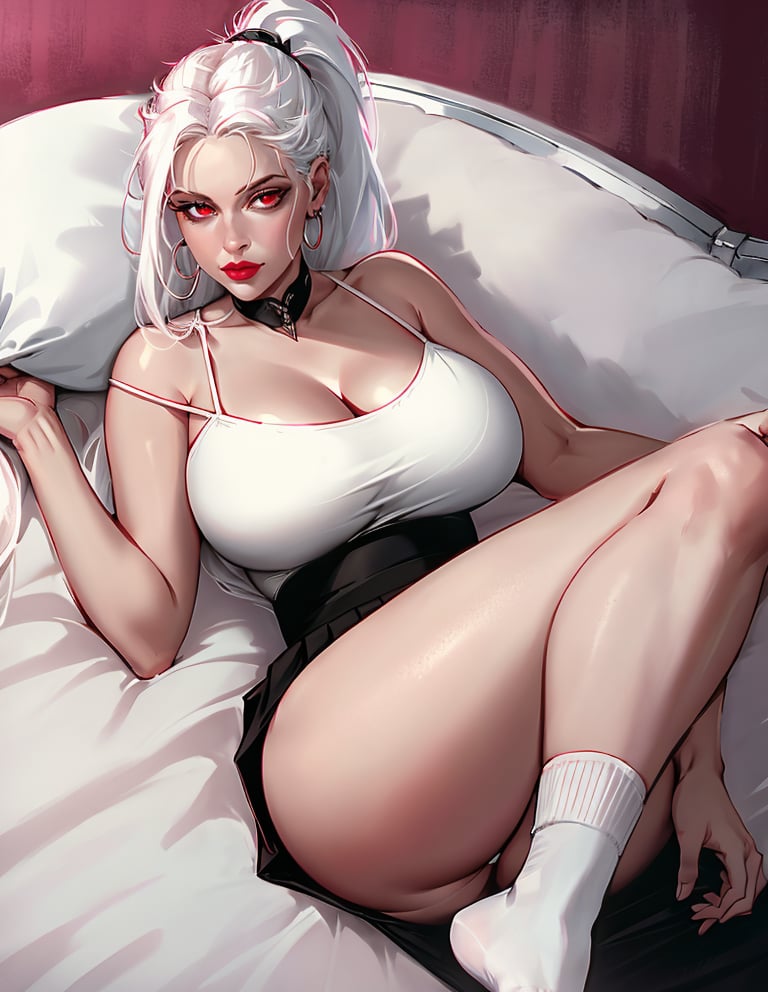 1girl,Narrow Hips, Round Face, White Hair, red Eyes, [[Curved Nose]], Thin Lips, Round Chin, firm breasts, Drop earrings, gloss matte lipstick, detailed pupils, high quality, absurdres, very long white hair, ponytail, raised black skirt, with socks, without shoes, ((medium tits)), cleavage, lying down on a big bed, pink bed sheets, pillows, sfw,