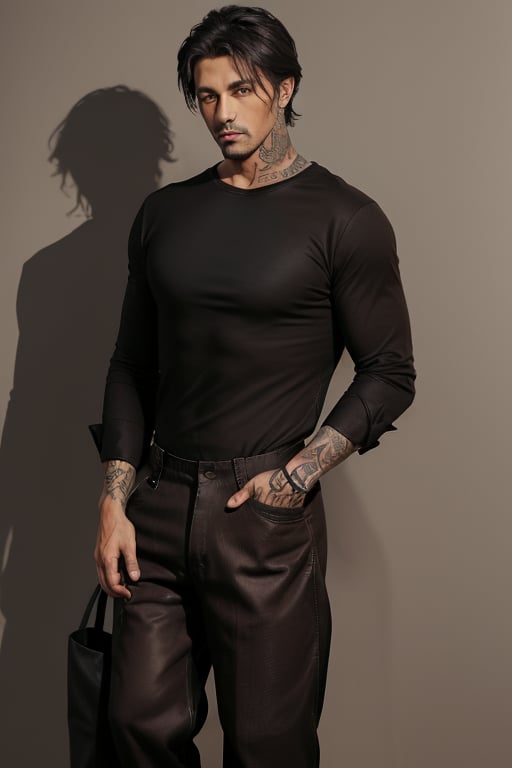 (((male))), black boots, ((simple black shirt)), arm mafia tattoos, ((brown tan baggy pants)), cowboy shot, simple background, long sleeve shirt, ((loose shirt)), big shirt covering pants, 