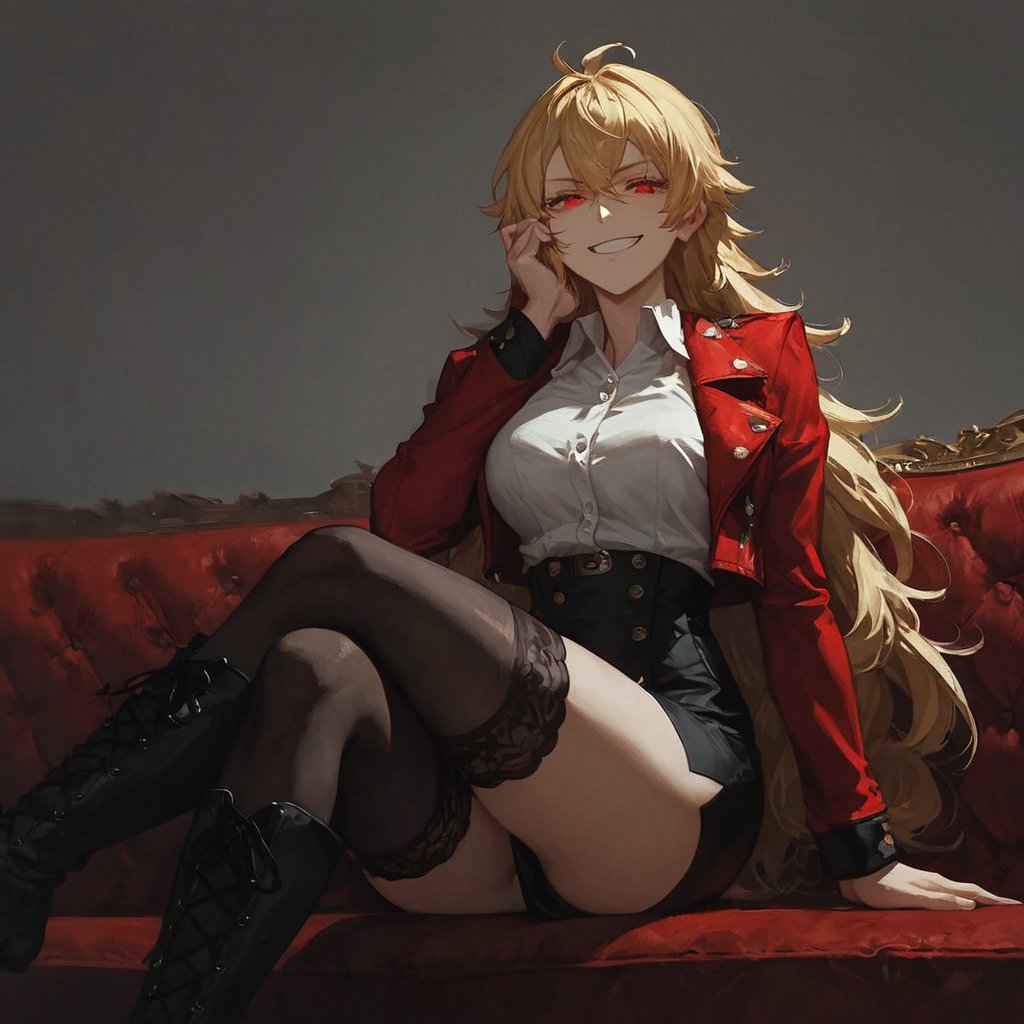 score_9, score_8_up, score_7_up,  score_6_up, score_5_up, score_9, score_8_up, score_7_up,1girl,{gilgamesh (immoral biker jacket) (fate), genderswap, genderswap mtf, red eyes, half-closed eyes, high detailed eyes, {{cinematic}}, {{anime screencap}}, {{{{very aesthetic, {best quality}, {high details, {cinematic}, anime screencap}}}}, collared jacket, cropped jacket, white shirt, very long hair, miniskirt, black skirt, eyelashes, thighboots, black footwear, looking at viewer, couch, on couch, sitting, crossed legs, hand on own cheek, grin, portrait,  