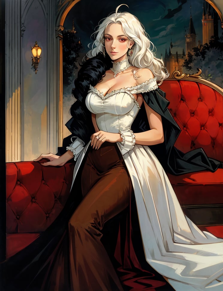 1girl, Gal, Tall, Narrow Hips, Round Face, Long straight White Hair, red Eyes, [[Curved Nose]], Thin Lips, Round Chin, Shoulder-Length Hair, Curly Hair, Wavy Layered Bob, firm breasts, Drop earrings, ballroom, detailed pupils, high quality, elegant female vampire countess attending ball at grand imperial castle,absurdres, laying on couch, ahoge, bangs