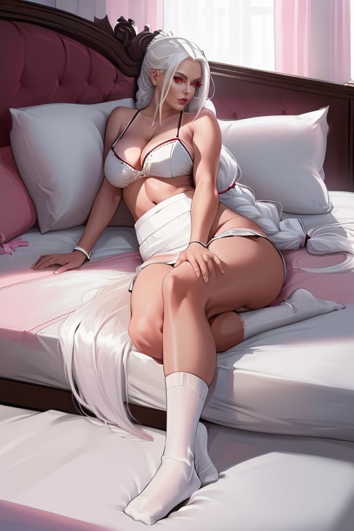 (best quality, masterpiece)), supermodel girl, ((white hair)),, very long hair white hair, ponytail, raised black skirt, white panties, with socks, without shoes, ((big tits)), cleavage, full body, 4k resolution, photorealistic, raw photo, lying down on a big bed, pink bed sheets, pillows, sfw