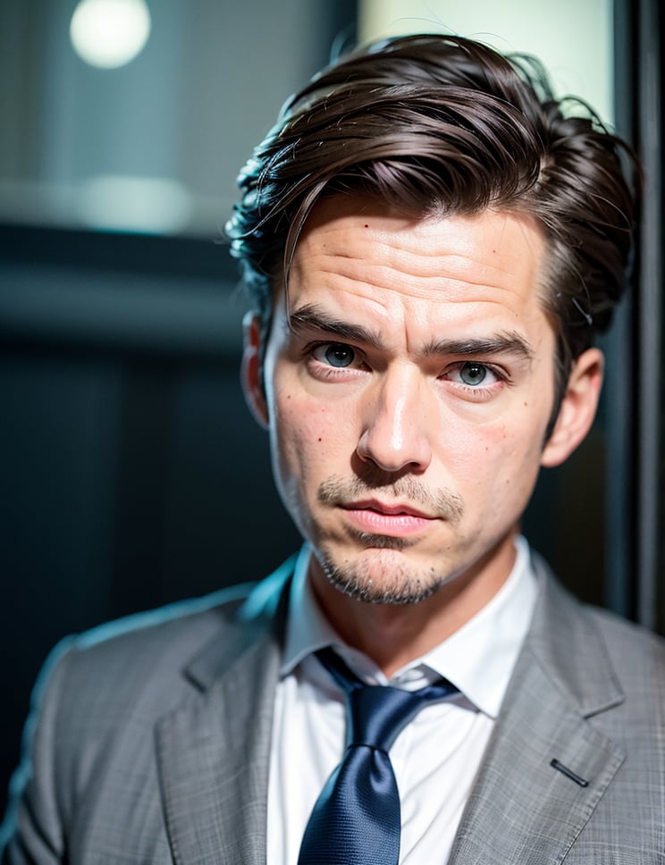 top quality, ultra high resolution, (realistic:1.4), (Image):1.1), [[a bit aged Andrew Garfield]], suit, black necktie, a bit aged guy, ((some black and grey hair in the tamples)), 50 years, wrinkles, ((very strong jawline)), some age spots, ((blue eyes)), disdain face, covered by some darkness, night background, red magic circles in background