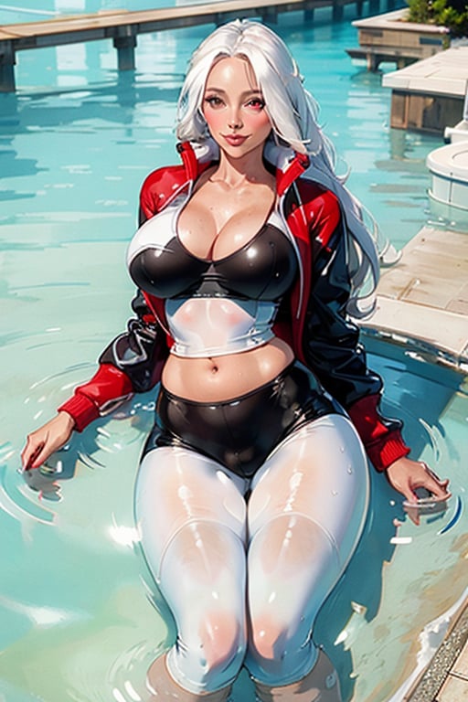 (1girl, light smile)), Best quality, masterpiece, ultra high res, (photorealistic:1.4), raw photo, glowing skin, lying, on water, lying on water, perfect face, full lips, milf, mature, sweat, bbw, fat, blush, pale skin, anime style, adult, tall, solo, sagging breasts, shiny skin, large breasts, wide hips, open clothes, (wet clothes), (from front:1.15), collabone, White leggings, (track jacket:1,2), tanktop, long white hair, red eyes, wide legs