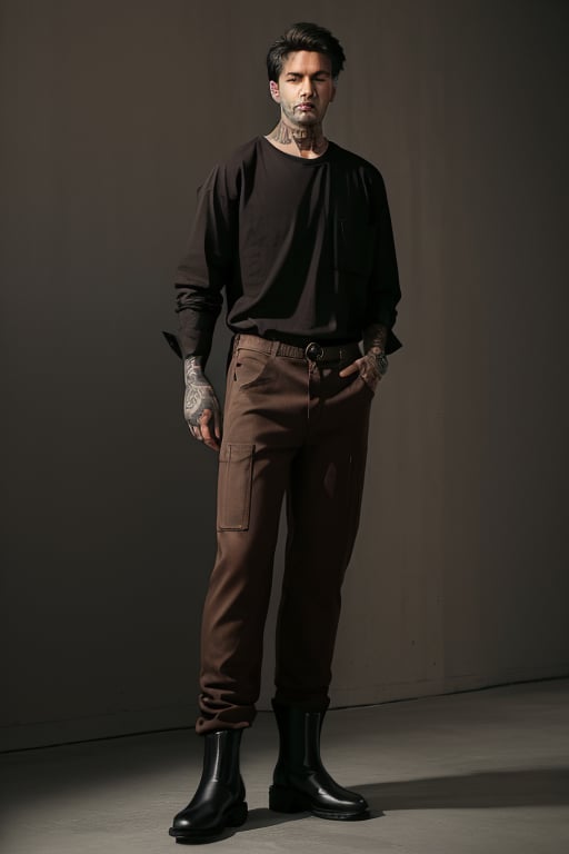 (((male))), black boots, ((simple black shirt)), arm mafia tattoos, ((brown tan baggy pants)), cowboy shot, simple background, long sleeve shirt, ((loose shirt)), big shirt covering pants, 