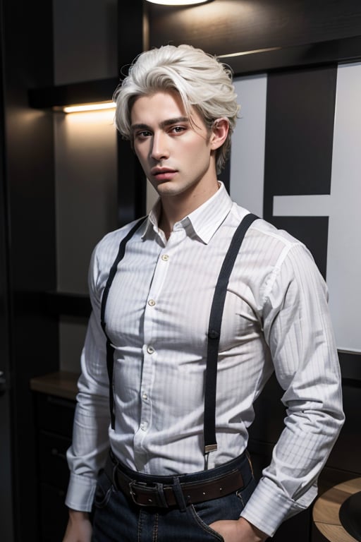 Best quality, masterpiece, ultra high res, (photorealistic:1.4), light frown, serious, upper body, black hair, belt, tactical clothes, 1boy, (((male))), night, white hair meshes, vertical_stripes, dress_shirt, vertical-striped_shirt, collared_shirt, long sleeves, ((red shirt))