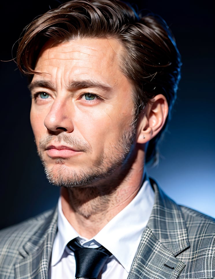 top quality, ultra high resolution, (realistic:1.4), (Image):1.1), [[a bit aged Andrew Garfield]], suit, black necktie, a bit aged guy, ((some black and grey hair in the tamples)), 50 years, wrinkles, ((very strong jawline)), some age spots, ((blue eyes)), disdain face, covered by some darkness, night background, red magic circles in background, beard, hugh jackmaN beard