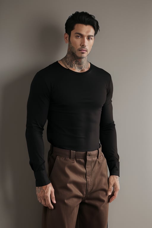 (((male))), black boots, ((simple black shirt)), arm mafia tattoos, ((brown tan baggy pants)), cowboy shot, simple background, long sleeve shirt, ((loose shirt)), big shirt covering pants, 