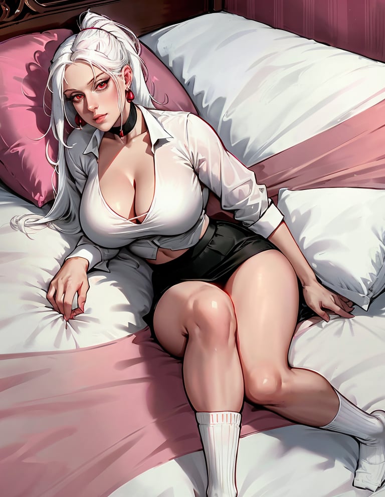 1girl,Narrow Hips, Round Face, White Hair, red Eyes, [[Curved Nose]], Thin Lips, Round Chin, firm breasts, Drop earrings, detailed pupils, high quality, absurdres, very long white hair, ponytail, raised black skirt, with socks, without shoes, ((medium tits)), cleavage, lying down on a big bed, pink bed sheets, pillows, sfw, 