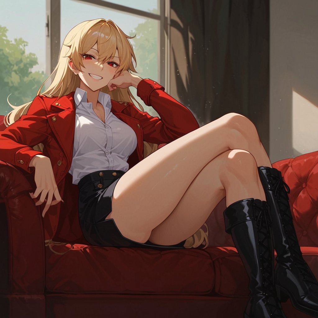 score_9, score_8_up, score_7_up,  score_6_up, score_5_up, score_9, score_8_up, score_7_up,1girl,{gilgamesh (immoral biker jacket) (fate), genderswap, genderswap mtf, red eyes, half-closed eyes, high detailed eyes, {{cinematic}}, {{anime screencap}}, {{{{very aesthetic, {best quality}, {high details, {cinematic}, anime screencap}}}}, collared jacket, cropped jacket, white shirt, very long hair, miniskirt, black skirt, eyelashes, thighboots, black footwear, looking at viewer, couch, on couch, sitting, crossed legs, hand on own cheek, grin, portrait,  