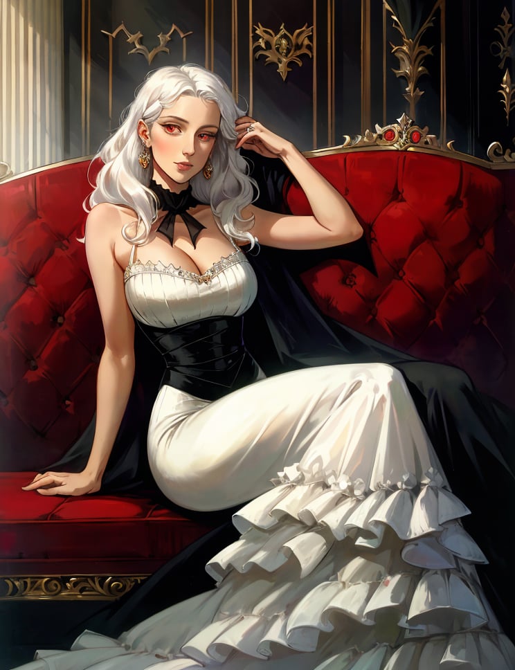 1girl, Gal, Tall, Narrow Hips, Round Face, Long straight White Hair, red Eyes, [[Curved Nose]], Thin Lips, Round Chin, Shoulder-Length Hair, Curly Hair, Wavy Layered Bob, firm breasts, Drop earrings, ballroom, detailed pupils, high quality, elegant female vampire countess attending ball at grand imperial castle,absurdres, laying on couch, bangs