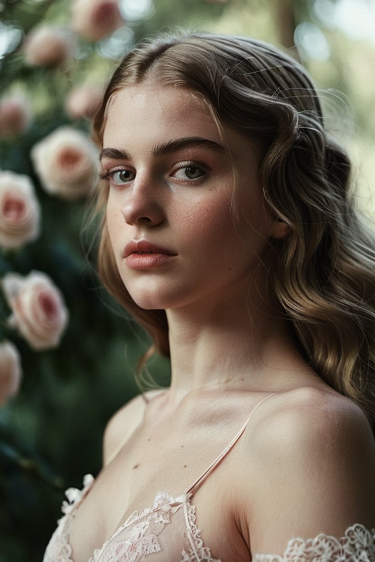 color photo of a fashion shot, capturing the pictorialist style. The sharp focus highlights the unique character of celluloid film, with its film grain adding a touch of vintage charm. The photo showcases a close-up side portrait of a beautiful girl in a Victorian rose garden. She is adorned in a lace lingerie. 
The dappled light in the garden delicately illuminates the girl's face, emphasizing her natural beauty, detailed face and eyes