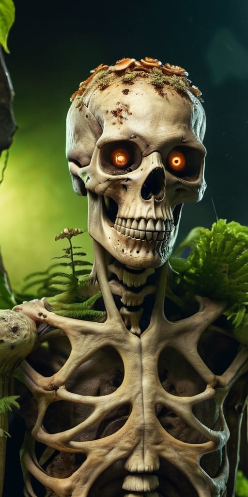 Close posing portrait of an infected anthropomorphic lifeform based on scary human skeleton, zombie with fungus and mushroom made of plants, strong studio lighting, abandoned garage, detailed skin