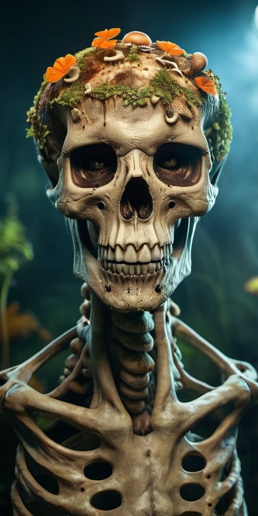 Close posing portrait of an infected anthropomorphic lifeform based on scary human skeleton, zombie with fungus and mushroom made of plants, strong studio lighting, abandoned garage, detailed skin