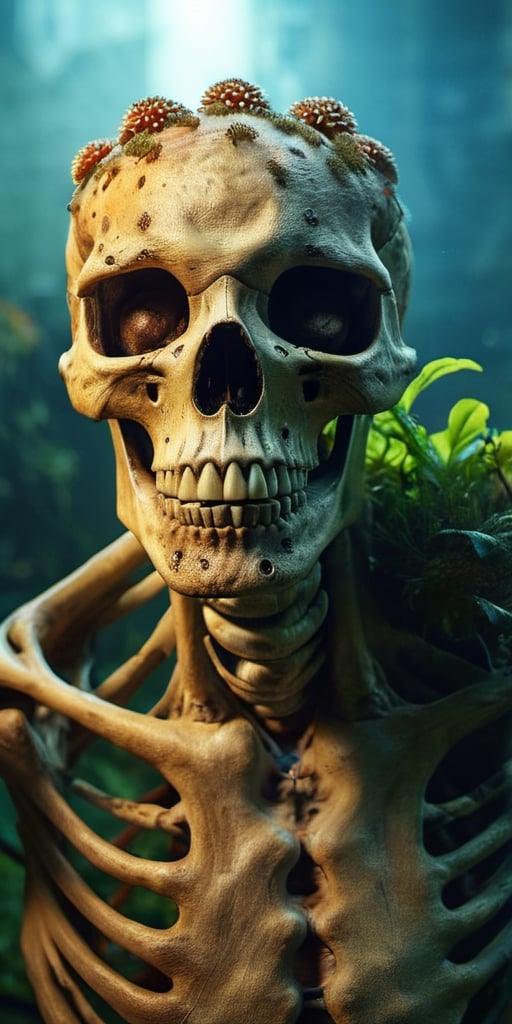 Close posing portrait of an infected anthropomorphic lifeform based on scary human skeleton, zombie with fungus and mushroom made of plants, strong studio lighting, abandoned garage, detailed skin