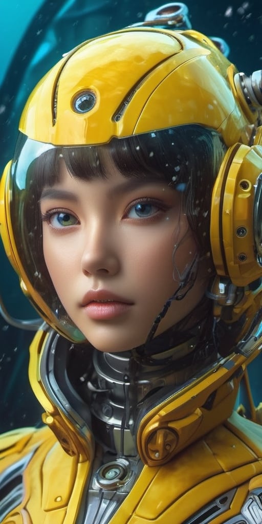 a girl, thunder yellow jacket, tight suit,Space helm of the 1960s,and the anime series ace, Fantastic Surrealism, Post-apocalyptic, Cute Illustration, Bio-Robotic Art, Fantasy Digital Painting, Fantasy Landscapes, Dragon with a futurastic underwater helm Fantasy, Art, Surrealism, Geomorphologie-Kunst, Fluid Art, Underwater Photography, Biomechanical Sculpture, Kemono, Beautiful Girl Turned to the Camera, White Background, 3D Vector Art, Greg Rutkowski,  Detailedface, Detailedeyes, 1 girl, detailed skin