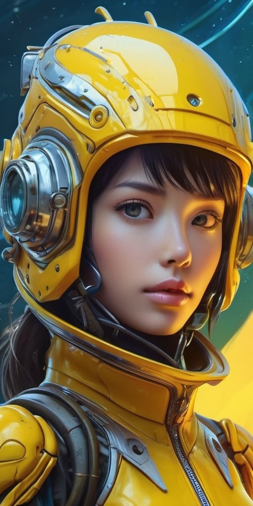 a girl, thunder yellow jacket, tight suit,Space helm of the 1960s,and the anime series ace, Fantastic Surrealism, Post-apocalyptic, Cute Illustration, Bio-Robotic Art, Fantasy Digital Painting, Fantasy Landscapes, Dragon with a futurastic underwater helm Fantasy, Art, Surrealism, Geomorphologie-Kunst, Fluid Art, Underwater Photography, Biomechanical Sculpture, Kemono, Beautiful Girl Turned to the Camera, White Background, 3D Vector Art, Greg Rutkowski,  Detailedface, Detailedeyes, 1 girl, detailed skin