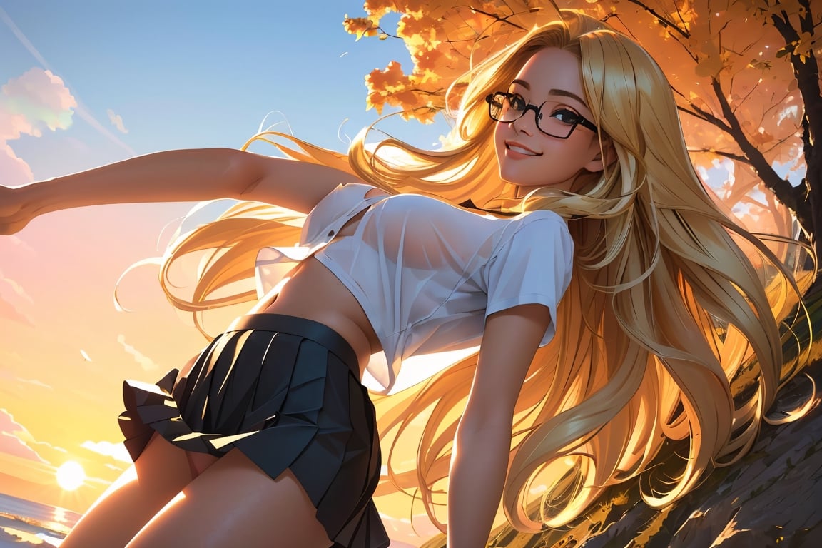 (best quality, masterpiece, perfect face, beautiful and aesthetic:1.2, colorful, dynamic angle, highest detailed face), 1girl, long straight blonde hair, big glasses, black rimmed glasses, happy smile,(wind blow up skirt, no underwear, no panties), (beautiful detailed breasts, topless, exposed breasts), micro mini pleated skirt, sunset, fall colors, beautiful trees, nature, flowers, windy, hair flowing in the wind, sun shinning through hair, high contrast, (official art, extreme detailed, highest detailed, natural skin texture, hyperrealism, soft light, sharp, perfect face)
,crop shirt underboob,
