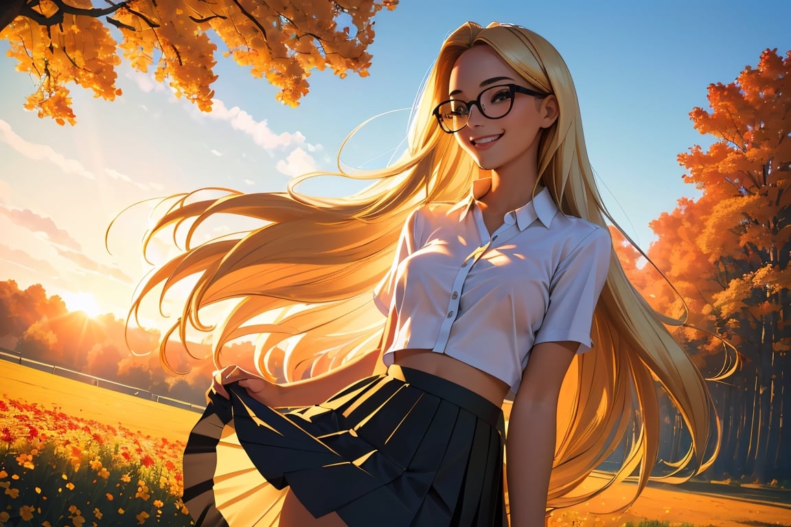 (best quality, masterpiece, perfect face, beautiful and aesthetic:1.2, colorful, dynamic angle, highest detailed face), 1girl, long straight blonde hair, big glasses, black rimmed glasses, happy smile,(wind blow up skirt, no underwear, no panties), (beautiful detailed breasts, topless, exposed breasts), micro mini pleated skirt, sunset, fall colors, beautiful trees, nature, flowers, windy, hair flowing in the wind, sun shinning through hair, high contrast, (official art, extreme detailed, highest detailed, natural skin texture, hyperrealism, soft light, sharp, perfect face)
,crop shirt underboob,
