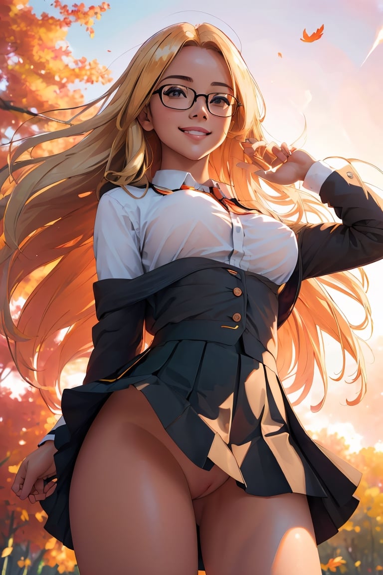 (best quality, masterpiece, perfect face, beautiful and aesthetic:1.2, colorful, dynamic angle, highest detailed face), (beautiful detailed breasts, topless, exposed breasts), 1girl, long straight blonde hair, big glasses, black rimmed glasses, happy smile,(wind blow up skirt, holding skirt up, no underwear, no panties), , micro mini pleated skirt, sunset, fall colors, beautiful trees, nature, flowers, windy, hair flowing in the wind, sun shinning through hair, high contrast, (official art, extreme detailed, highest detailed, natural skin texture, hyperrealism, soft light, sharp, perfect face)

,bottom_view