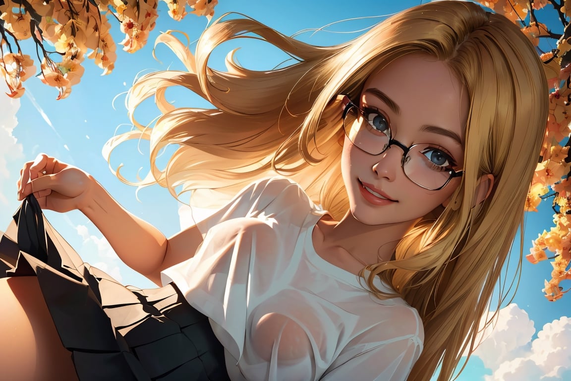 (best quality, masterpiece, perfect face, beautiful and aesthetic:1.2, colorful, dynamic angle, highest detailed face), 1girl, long straight blonde hair, big glasses, black rimmed glasses, happy smile,(wind blow up skirt, no underwear, no panties), (beautiful detailed breasts, topless, exposed breasts), micro mini pleated skirt, sunset, fall colors, beautiful trees, nature, flowers, windy, hair flowing in the wind, sun shinning through hair, high contrast, (official art, extreme detailed, highest detailed, natural skin texture, hyperrealism, soft light, sharp, perfect face)
,crop shirt underboob,
,Detailedface