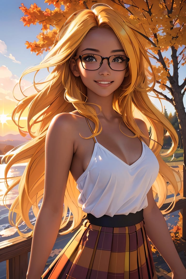 (best quality, masterpiece, perfect face, beautiful and aesthetic:1.2, colorful, dynamic angle, highest detailed face), (beautiful detailed breasts, topless, exposed breasts), 1girl, long straight blonde hair, big glasses, black rimmed glasses, happy smile,(wind blow up skirt, holding skirt up, no underwear, no panties), , micro mini pleated skirt, sunset, fall colors, beautiful trees, nature, flowers, windy, hair flowing in the wind, sun shinning through hair, high contrast, (official art, extreme detailed, highest detailed, natural skin texture, hyperrealism, soft light, sharp, perfect face)

