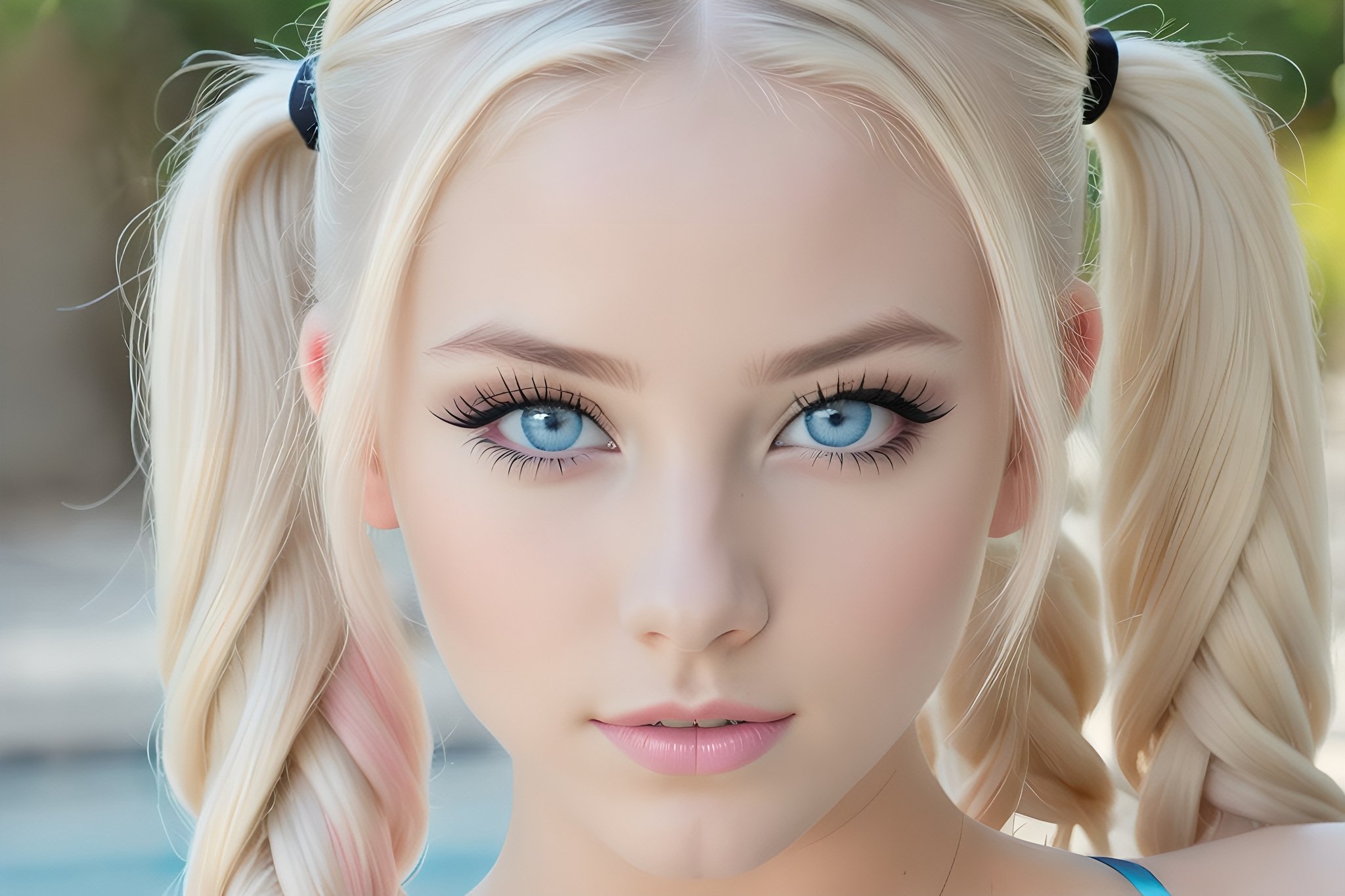 23yo teen model women ,platinum blonde long hair braided pigtails, detailed face, amazing blue eyes, photorealistic, detailed eyes,light shadowing, black eyeliner, blurred background, light pink matte lipstick,micro bikini