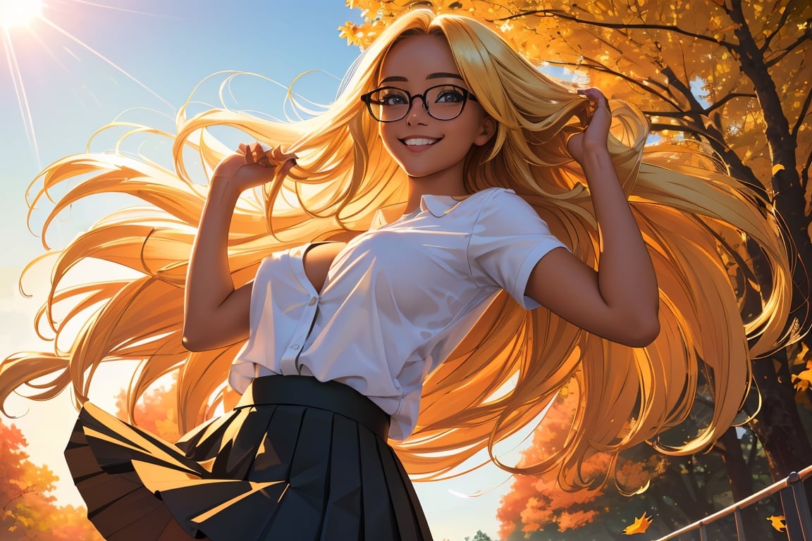 (best quality, masterpiece, perfect face, beautiful and aesthetic:1.2, colorful, dynamic angle, highest detailed face), (beautiful detailed breasts, topless, exposed breasts), 1girl, long straight blonde hair, big glasses, black rimmed glasses, happy smile,(wind blow up skirt, holding skirt up, no underwear, no panties), , micro mini pleated skirt, sunset, fall colors, beautiful trees, nature, flowers, windy, hair flowing in the wind, sun shinning through hair, high contrast, (official art, extreme detailed, highest detailed, natural skin texture, hyperrealism, soft light, sharp, perfect face)

