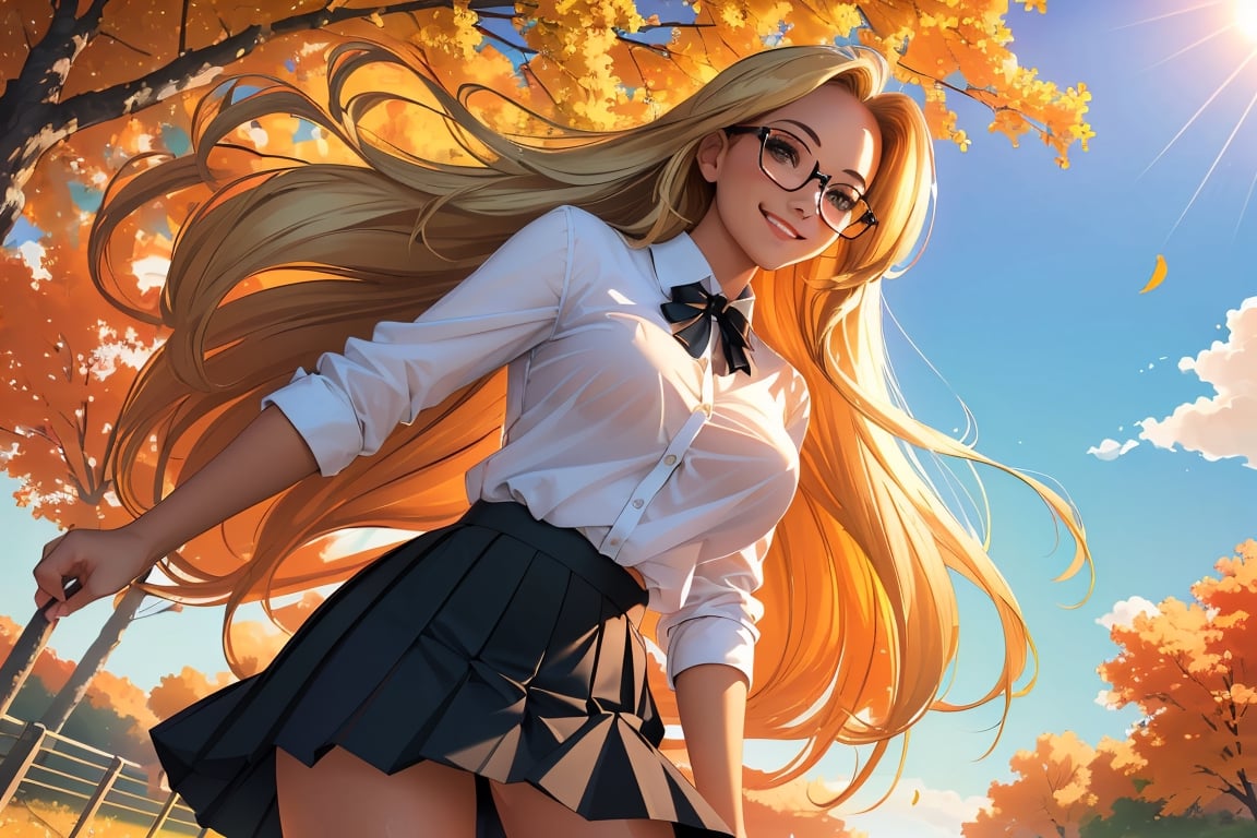 (best quality, masterpiece, perfect face, beautiful and aesthetic:1.2, colorful, dynamic angle, highest detailed face), 1girl, long straight blonde hair, big glasses, black rimmed glasses, happy smile,(wind blow up skirt, holding skirt up, no underwear, no panties), (beautiful detailed breasts, topless, exposed breasts), micro mini pleated skirt, sunset, fall colors, beautiful trees, nature, flowers, windy, hair flowing in the wind, sun shinning through hair, high contrast, (official art, extreme detailed, highest detailed, natural skin texture, hyperrealism, soft light, sharp, perfect face)

