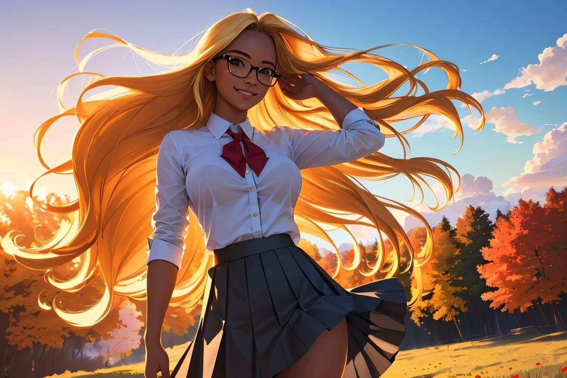 (best quality, masterpiece, perfect face, beautiful and aesthetic:1.2, colorful, dynamic angle, highest detailed face), (beautiful detailed breasts, topless, exposed breasts), 1girl, long straight blonde hair, big glasses, black rimmed glasses, happy smile,(wind blow up skirt, holding skirt up, no underwear, no panties), , micro mini pleated skirt, sunset, fall colors, beautiful trees, nature, flowers, windy, hair flowing in the wind, sun shinning through hair, high contrast, (official art, extreme detailed, highest detailed, natural skin texture, hyperrealism, soft light, sharp, perfect face)

