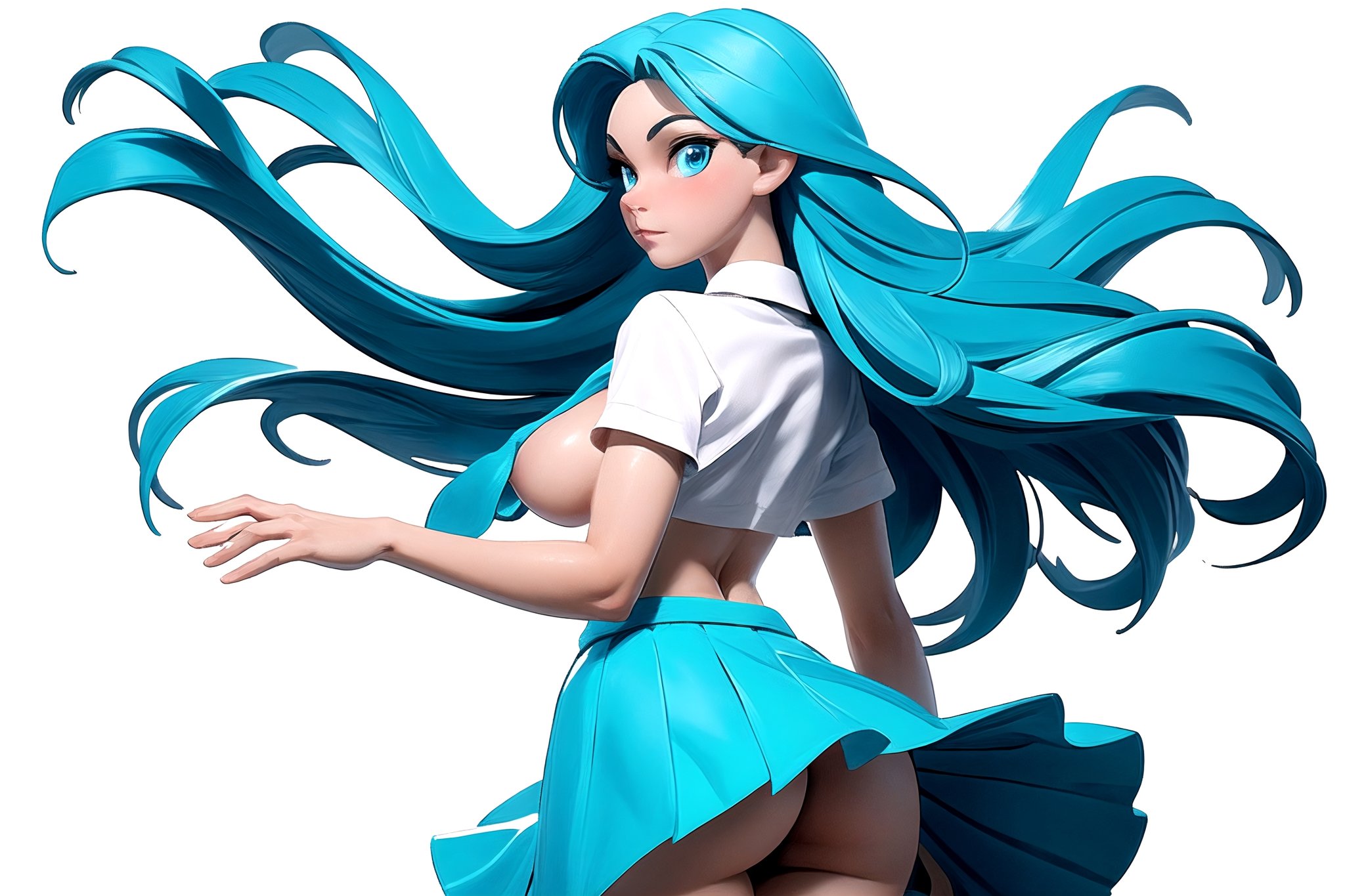 blue eyes, aqua hair with black streaks in the hair, wearing a school uniform with white sheer top unbuttoned and a tie hanging between breasts, girl with long beautiful hair, high_school_girl,(((beautiful detailed breasts, topless, exposed breasts, breasts popping out of shirt, nude breasts))), (wind blow up skirt, holding skirt up, no underwear, no panties)  | (white background:1.2), (simple background), | 3DMM

((view_from_behind, view_below))