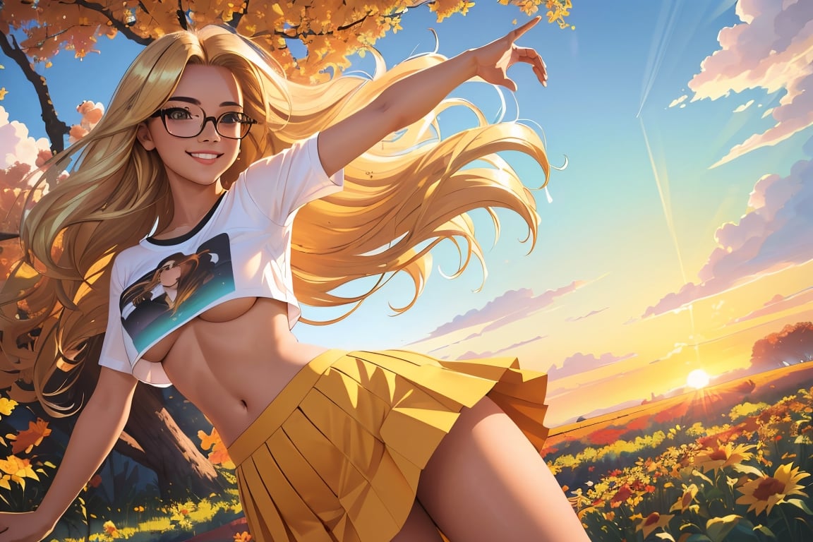 (best quality, masterpiece, perfect face, beautiful and aesthetic:1.2, colorful, dynamic angle, highest detailed face), 1girl, long straight blonde hair, big glasses, black rimmed glasses, happy smile,(wind blow up skirt, no underwear, no panties), (beautiful detailed breasts, topless, exposed breasts), micro mini pleated skirt, sunset, fall colors, beautiful trees, nature, flowers, windy, hair flowing in the wind, sun shinning through hair, high contrast, (official art, extreme detailed, highest detailed, natural skin texture, hyperrealism, soft light, sharp, perfect face)
,crop shirt underboob,
