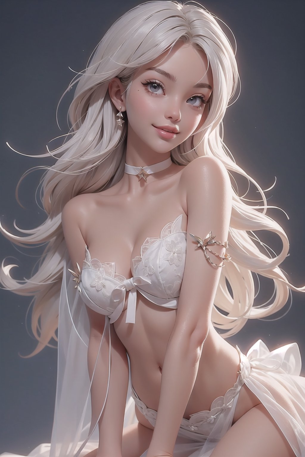 smiling, gray eye color, 2girls, pov, naked, choker, heavy black eyeliner, medium perky firm breasts, white sheer skimpy top tied in front barely covering breasts, extremely detailed, masterpiece, best quality, 

