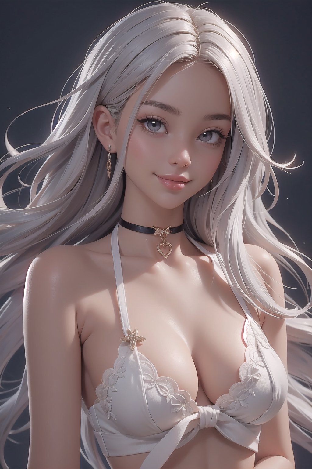 smiling, gray eye color, 2girls, pov, naked, choker, heavy black eyeliner, medium perky firm breasts, white sheer skimpy top tied in front barely covering breasts, extremely detailed, masterpiece, best quality, 

