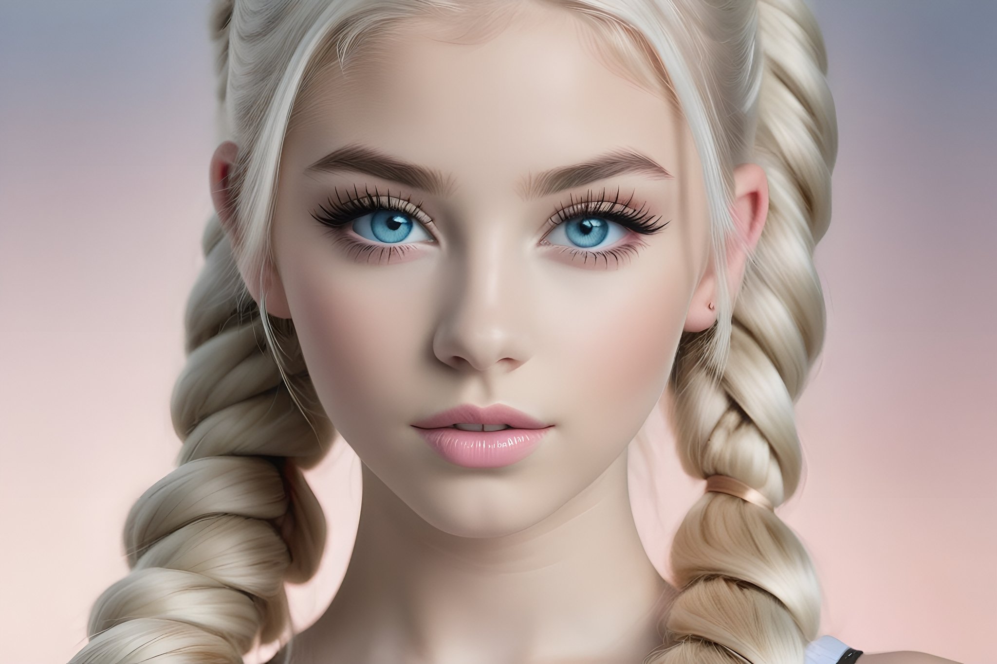 23yo teen model women ,platinum blonde long hair braided pigtails, detailed face, amazing blue eyes, photorealistic, detailed eyes,light shadowing, black eyeliner, blurred background, light pink matte lipstick