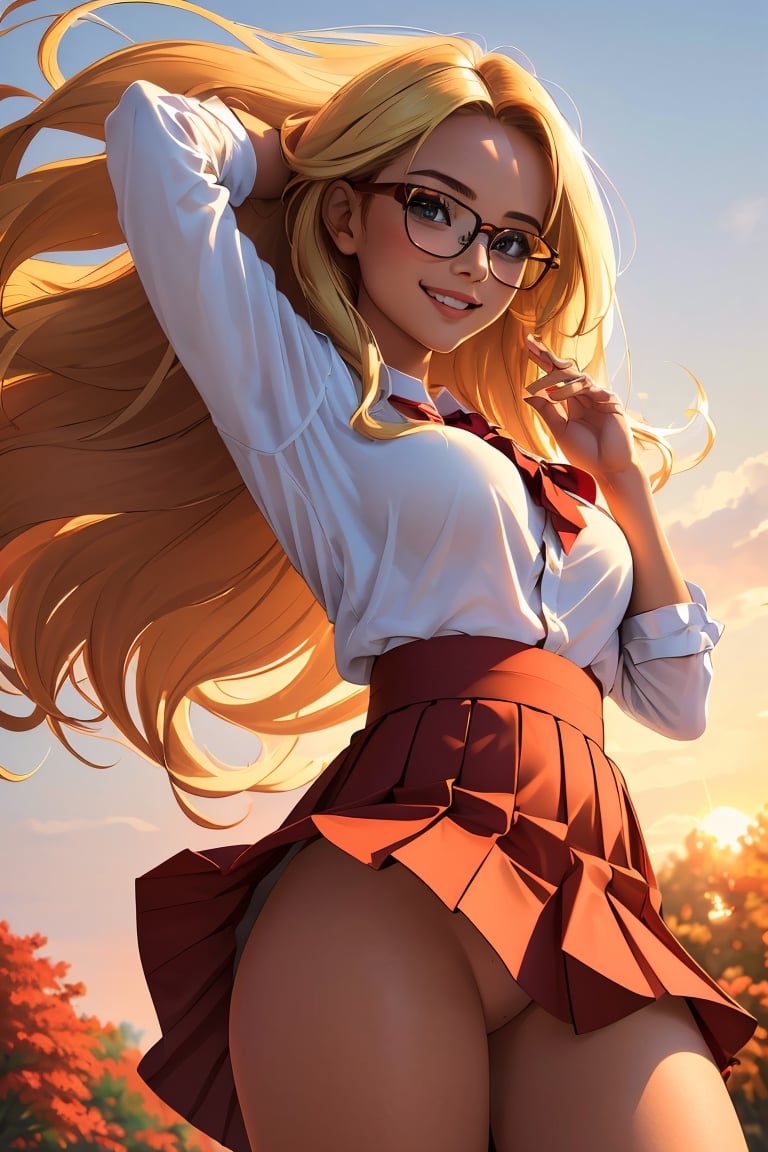 (best quality, masterpiece, perfect face, beautiful and aesthetic:1.2, colorful, dynamic angle, highest detailed face), (beautiful detailed breasts, topless, exposed breasts), 1girl, long straight blonde hair, big glasses, black rimmed glasses, happy smile,(wind blow up skirt, holding skirt up, no underwear, no panties), , micro mini pleated skirt, sunset, fall colors, beautiful trees, nature, flowers, windy, hair flowing in the wind, sun shinning through hair, high contrast, (official art, extreme detailed, highest detailed, natural skin texture, hyperrealism, soft light, sharp, perfect face)

