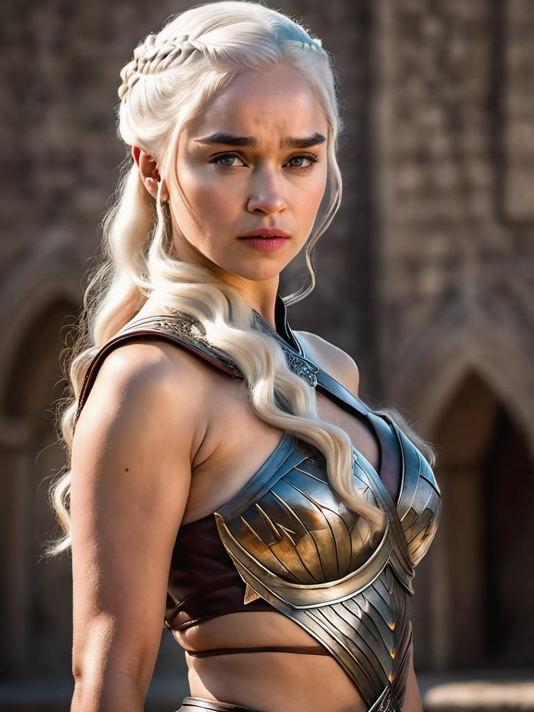 In a stunning Game of Thrones-inspired rendering, Daenerys is depicted in a dramatic and dynamic pose.  Daenerys' determined expression shows her unwavering strength and determination, Her armor is cutout to allow her naked breasts to be seen, ample naked breasts protrude for all to see, her perfect nipples are perky, photo r3al,FilmGirl