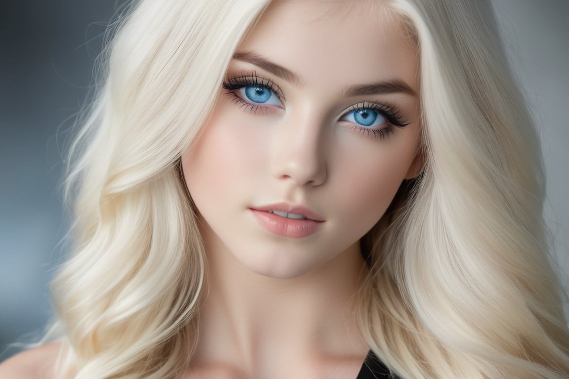 23yo teen model women ,platinum blonde long hair women, detailed face, amazing blue eyes, photorealistic, detailed eyes,light shadowing, black eyeliner, blurred background