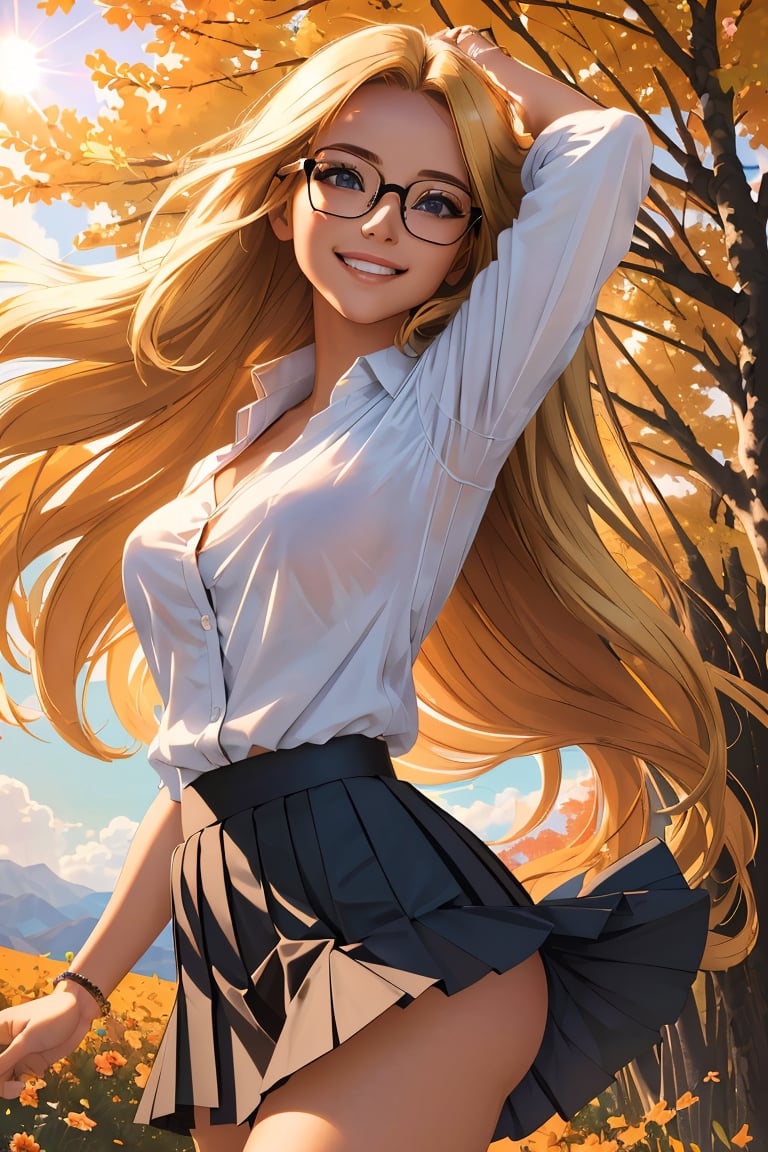 (best quality, masterpiece, perfect face, beautiful and aesthetic:1.2, colorful, dynamic angle, highest detailed face), (beautiful detailed breasts, topless, exposed breasts), 1girl, long straight blonde hair, big glasses, black rimmed glasses, happy smile,(wind blow up skirt, holding skirt up, no underwear, no panties), , micro mini pleated skirt, sunset, fall colors, beautiful trees, nature, flowers, windy, hair flowing in the wind, sun shinning through hair, high contrast, (official art, extreme detailed, highest detailed, natural skin texture, hyperrealism, soft light, sharp, perfect face)

