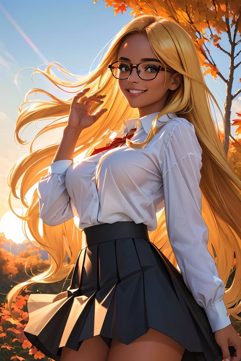 (best quality, masterpiece, perfect face, beautiful and aesthetic:1.2, colorful, dynamic angle, highest detailed face), (beautiful detailed breasts, topless, exposed breasts), 1girl, long straight blonde hair, big glasses, black rimmed glasses, happy smile,(wind blow up skirt, holding skirt up, no underwear, no panties), , micro mini pleated skirt, sunset, fall colors, beautiful trees, nature, flowers, windy, hair flowing in the wind, sun shinning through hair, high contrast, (official art, extreme detailed, highest detailed, natural skin texture, hyperrealism, soft light, sharp, perfect face)

