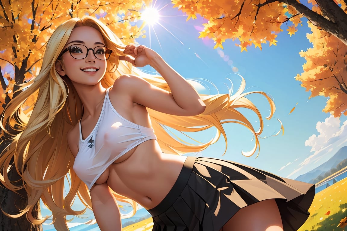 (best quality, masterpiece, perfect face, beautiful and aesthetic:1.2, colorful, dynamic angle, highest detailed face), 1girl, long straight blonde hair, big glasses, black rimmed glasses, happy smile,(wind blow up skirt, no underwear, no panties), (beautiful detailed breasts, topless, exposed breasts), micro mini pleated skirt, sunset, fall colors, beautiful trees, nature, flowers, windy, hair flowing in the wind, sun shinning through hair, high contrast, (official art, extreme detailed, highest detailed, natural skin texture, hyperrealism, soft light, sharp, perfect face)
,crop shirt underboob,
