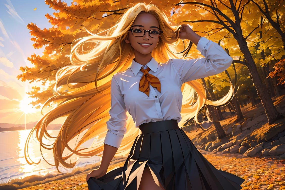 (best quality, masterpiece, perfect face, beautiful and aesthetic:1.2, colorful, dynamic angle, highest detailed face), (beautiful detailed breasts, topless, exposed breasts), 1girl, long straight blonde hair, big glasses, black rimmed glasses, happy smile,(wind blow up skirt, holding skirt up, no underwear, no panties), , micro mini pleated skirt, sunset, fall colors, beautiful trees, nature, flowers, windy, hair flowing in the wind, sun shinning through hair, high contrast, (official art, extreme detailed, highest detailed, natural skin texture, hyperrealism, soft light, sharp, perfect face)

