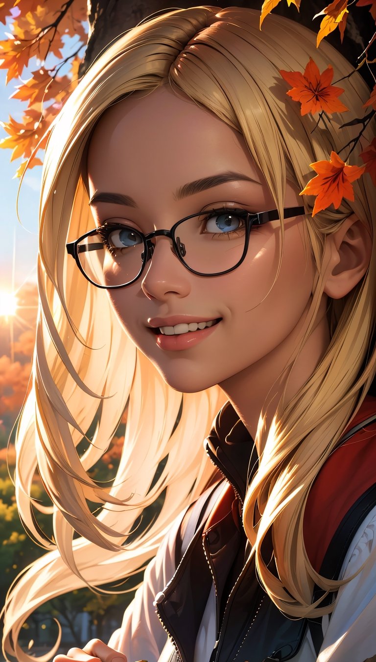 (best quality, masterpiece, perfect face, beautiful and aesthetic:1.2, colorful, dynamic angle, highest detailed face), 1girl, long straight blonde hair, big glasses, black rimmed glasses, happy smile, (wearing a pink oversized_sweater:0.2), pleated skirt, sunset, fall colors, beautiful trees, nature, flowers, windy, hair flowing in the wind, sun shinning through hair, high contrast, (official art, extreme detailed, highest detailed, natural skin texture, hyperrealism, soft light, sharp, perfect face)
