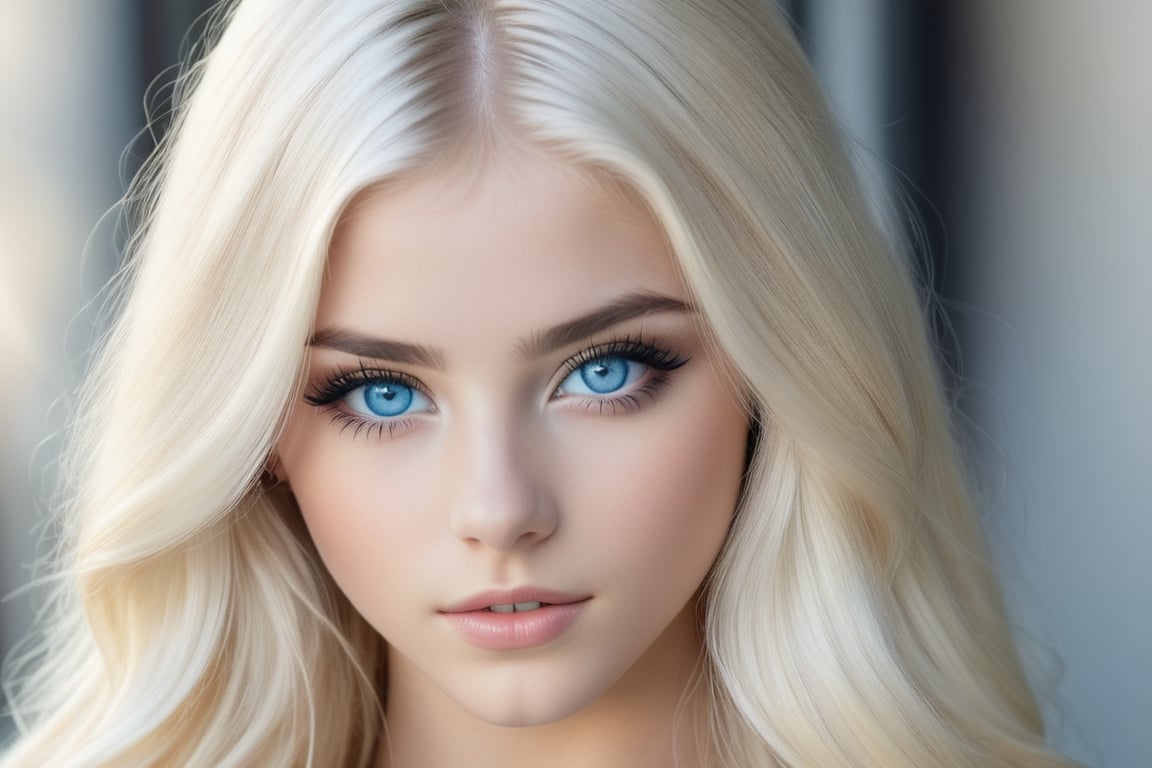 23yo teen model women ,platinum blonde long hair women, detailed face, amazing blue eyes, photorealistic, detailed eyes,light shadowing, black eyeliner, blurred background