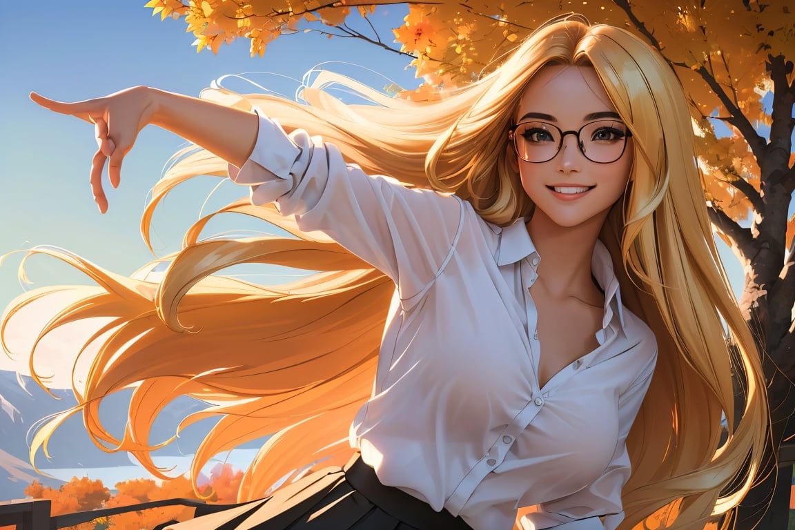 (best quality, masterpiece, perfect face, beautiful and aesthetic:1.2, colorful, dynamic angle, highest detailed face), 1girl, long straight blonde hair, big glasses, black rimmed glasses, happy smile,(wind blow up skirt, holding skirt up, no underwear, no panties), (beautiful detailed breasts, topless, exposed breasts), micro mini pleated skirt, sunset, fall colors, beautiful trees, nature, flowers, windy, hair flowing in the wind, sun shinning through hair, high contrast, (official art, extreme detailed, highest detailed, natural skin texture, hyperrealism, soft light, sharp, perfect face)

