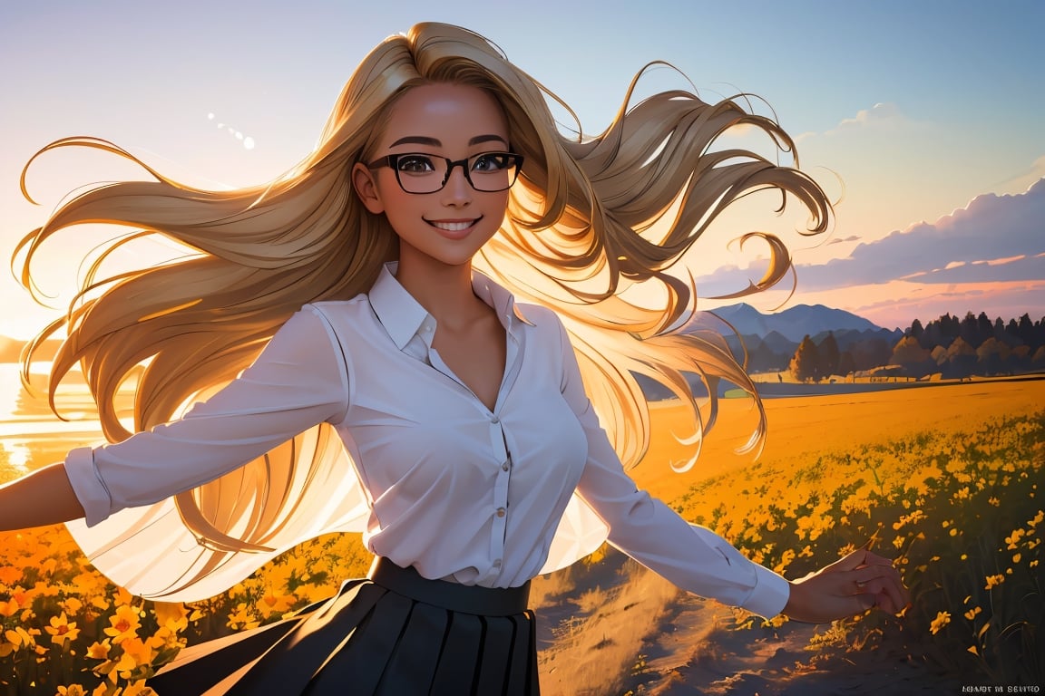 (best quality, masterpiece, perfect face, beautiful and aesthetic:1.2, colorful, dynamic angle, highest detailed face), 1girl, long straight blonde hair, big glasses, black rimmed glasses, happy smile,(wind blow up skirt, holding skirt up, no underwear, no panties), (beautiful detailed breasts, topless, exposed breasts), micro mini pleated skirt, sunset, fall colors, beautiful trees, nature, flowers, windy, hair flowing in the wind, sun shinning through hair, high contrast, (official art, extreme detailed, highest detailed, natural skin texture, hyperrealism, soft light, sharp, perfect face)

